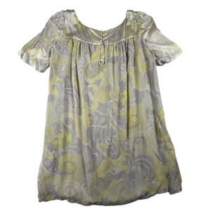 French Connection 100% silk Yellow & Silver Puff Sleeve Damask Print Dress 12
